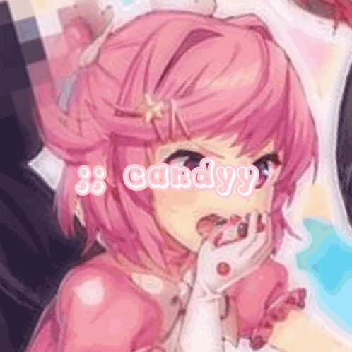 a close up of a pink anime girl with the words `` candy '' written on the bottom .