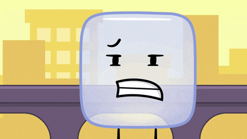 a cartoon ice cube with a sad face on it