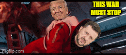 a picture of donald trump and a man with the words this war must stop below them