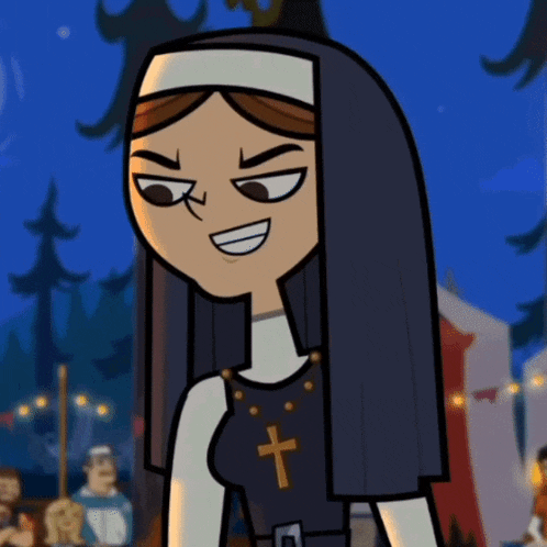 a nun from total drama is smiling and wearing a cross on her chest
