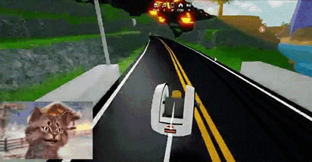 a cat is driving a car down a road in a video game while another cat looks on .