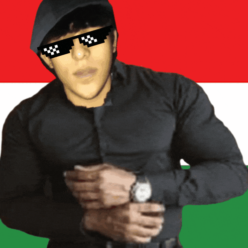 a man wearing a hoodie and sunglasses stands in front of a green and red flag
