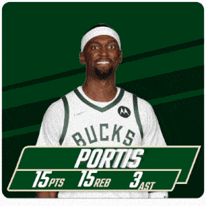 a man wearing a bucks jersey has 15 points and 15 reb