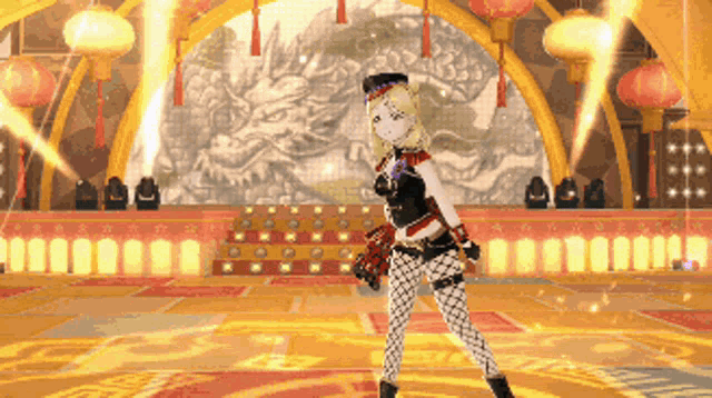 a girl in fishnet stockings stands on a stage with a dragon in the background