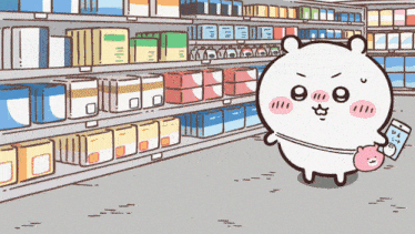 a cartoon character is standing in a grocery store holding a cell phone