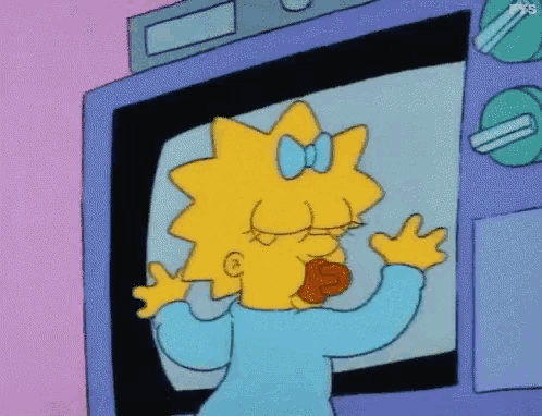 maggie simpson is looking at a television screen with her eyes closed and her mouth open .