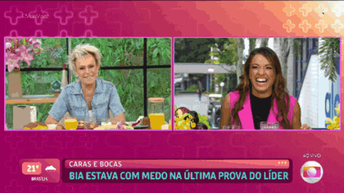two women are sitting at a table with a purple background and the words caras e bocas