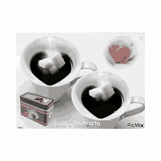 a picture of two cups of coffee with sugar cubes in them and a can of cafe