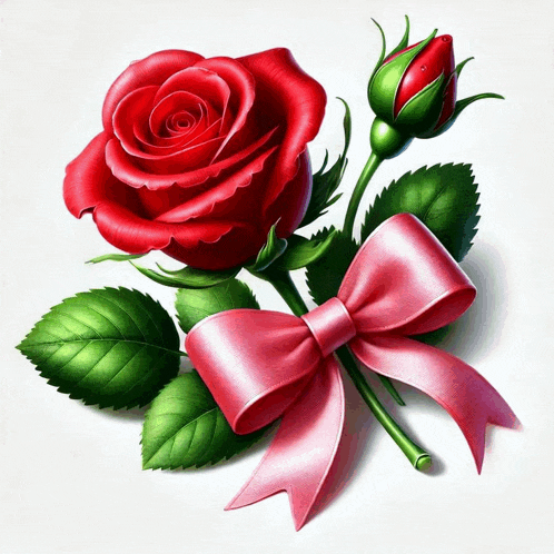 a red rose with green leaves and a pink bow on it