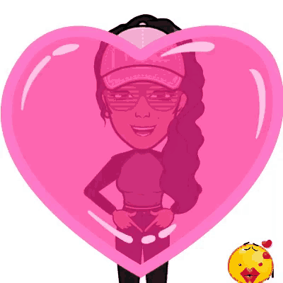 a cartoon girl is standing inside of a pink heart .