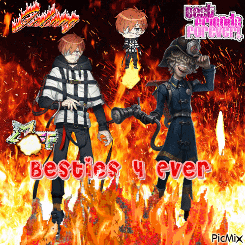 two anime characters are standing in front of a fire with the words besties y ever