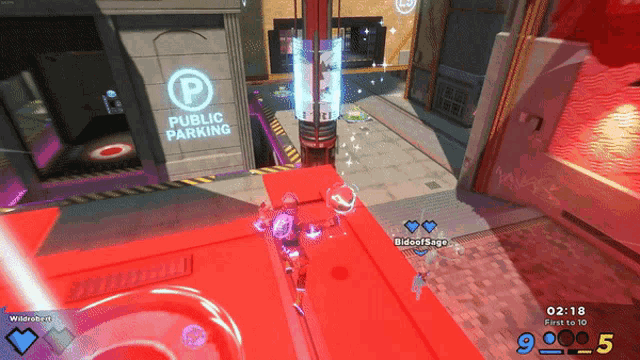 a screenshot of a video game shows a public parking sign in the background