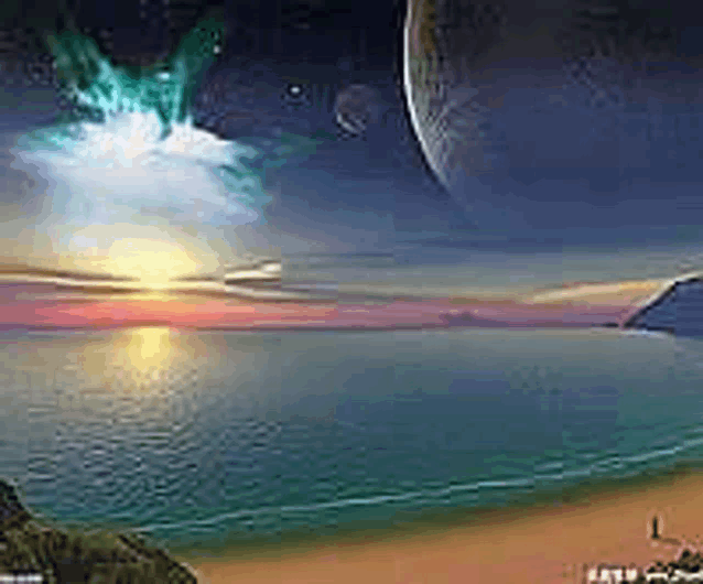a painting of a beach with a moon in the sky