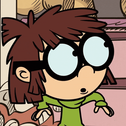 a close up of a cartoon character wearing glasses and a green sweater