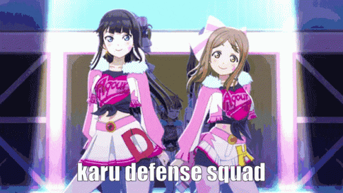 two anime girls standing next to each other with the words karu defense squad below them