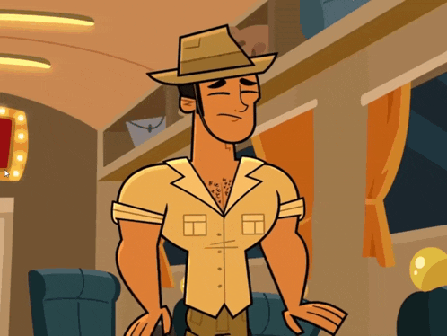 a cartoon man wearing a hat and a tan shirt is standing with his hands on his hips