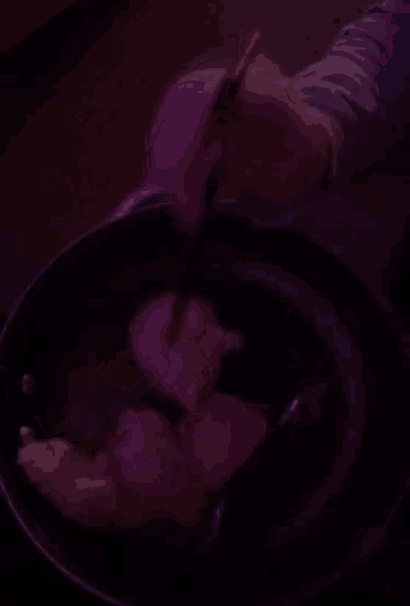 a person is holding a purple object over a pot