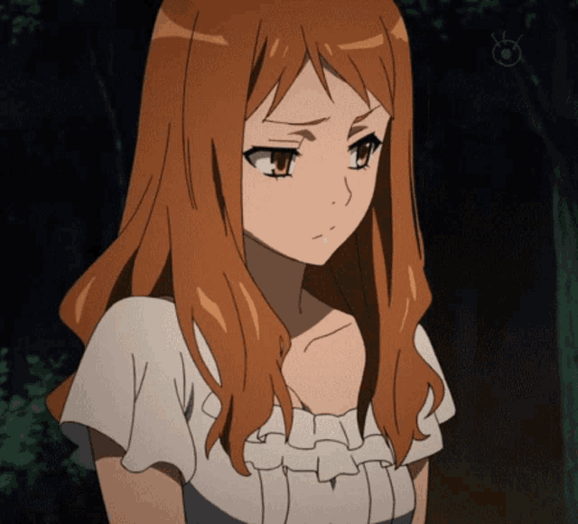 a girl with long orange hair is wearing a white shirt with ruffled sleeves