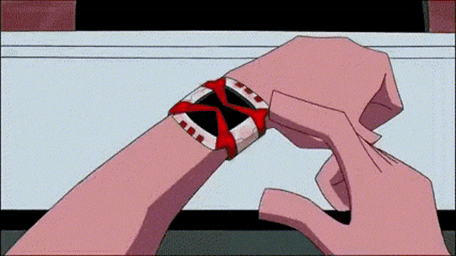 a person is wearing a watch on their wrist with a red x on it .