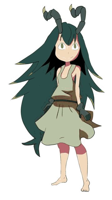 a cartoon drawing of a girl with long green hair