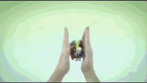 a person 's hands are reaching out towards a yellow object in a cartoon landscape .