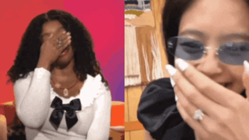 a woman covering her face with her hand and a woman wearing sunglasses