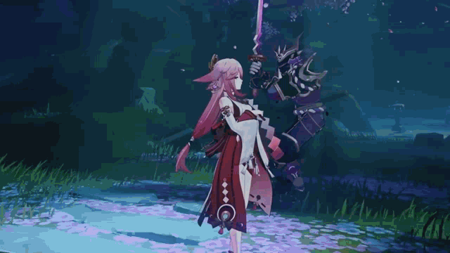 a group of samurai are standing in a field with a purple sky in the background