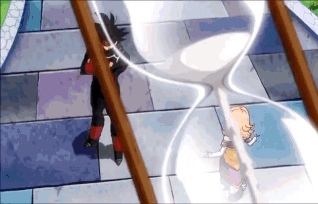 a cartoon character standing next to a hourglass on a tiled floor