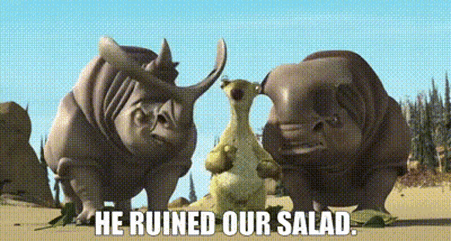 a group of dinosaurs standing next to each other with the words he ruined our salad below them