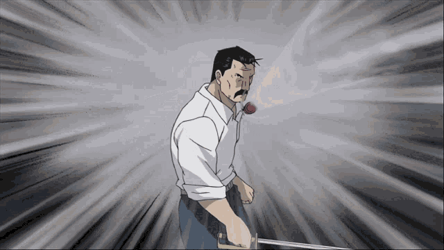 a man with a mustache is holding a sword with smoke coming out of his mouth