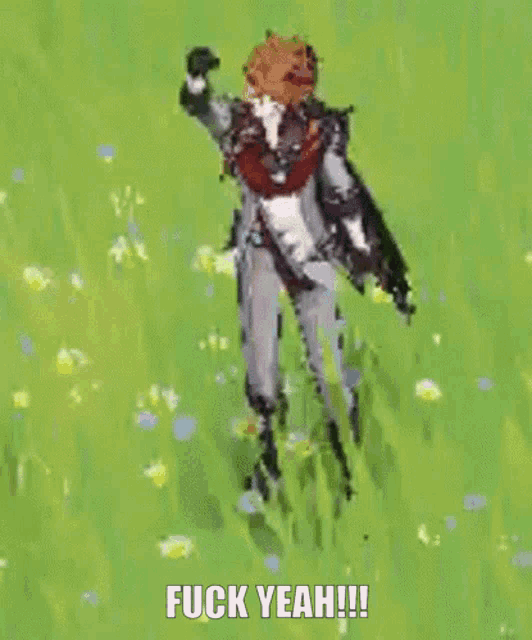 a cartoon character is standing in a field of flowers with the words `` fuck yeah ! ''
