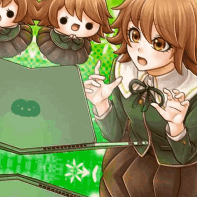 a girl in a school uniform is using a laptop