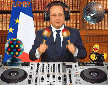 a man wearing headphones is playing maracas in front of a dj mixer with dj flamby written on the bottom