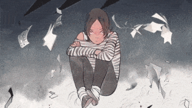 a drawing of a girl with a striped shirt kneeling down with papers falling around her