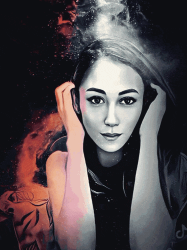 a painting of a woman 's face with a skull in the background