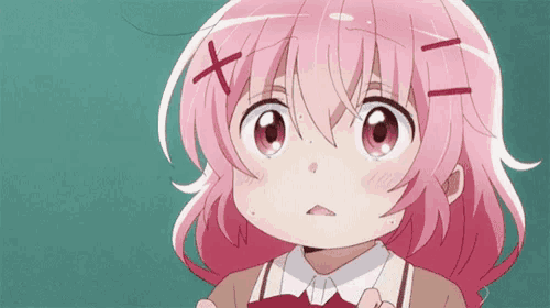 a girl with pink hair and red eyes has a cross on her forehead