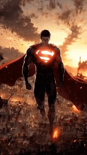 superman is flying over a city with a red cape .