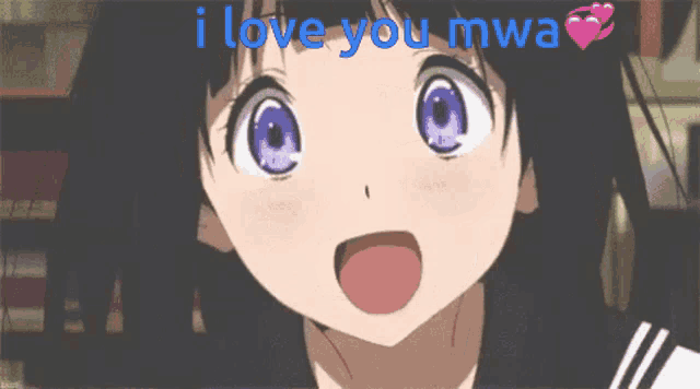 a picture of a girl with purple eyes and the words i love you mwa