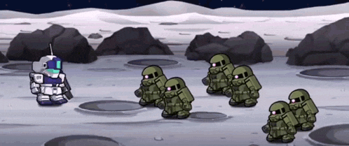 a cartoon of a robot standing next to a group of soldiers
