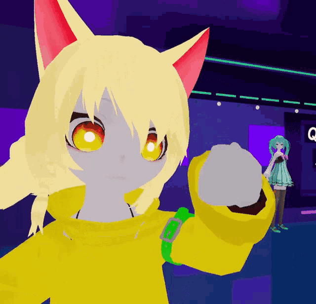 a girl with yellow hair and red ears is wearing a yellow sweater