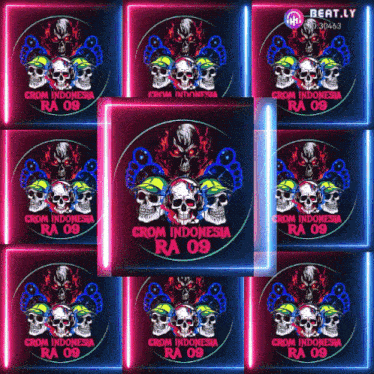 a bunch of colorful skulls with the words crom indonesia ra 09