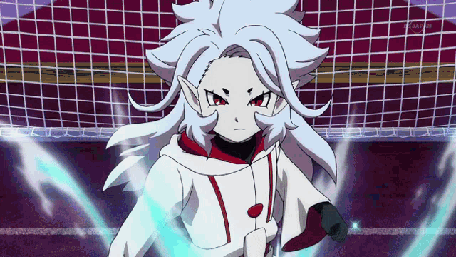 a cartoon character with white hair and red eyes is standing in front of a fence
