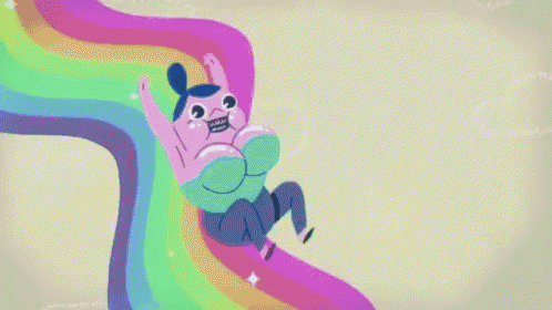 a cartoon drawing of a person with a rainbow on their back