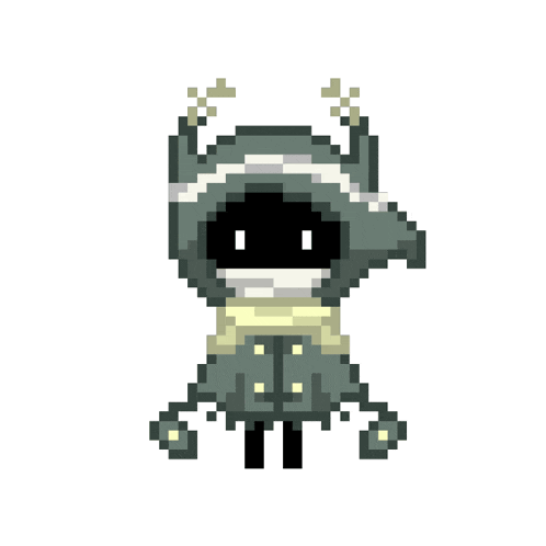 a pixel art drawing of a person with horns and a hood