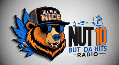 a bear wearing sunglasses and a hat that says talk to me nice nut 10 but da hits radio