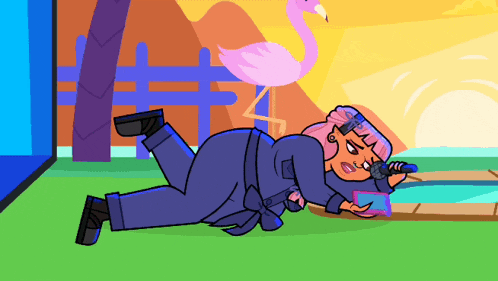 a cartoon of a woman laying on the ground with a pink flamingo behind her