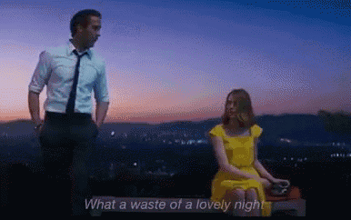 a man and a woman are standing next to each other with the words what a waste of a lovely night .