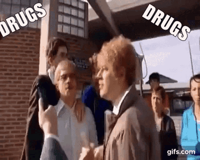 a group of people are standing in front of a building with the words drugs written above them