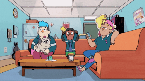 a group of cartoon characters are sitting on a couch