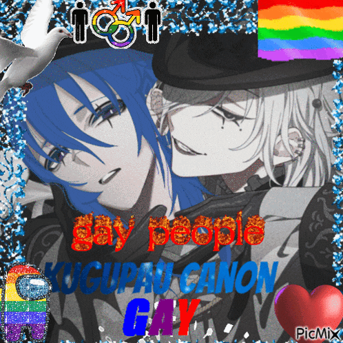 a picture of two anime characters with the words gay people kucupan canon